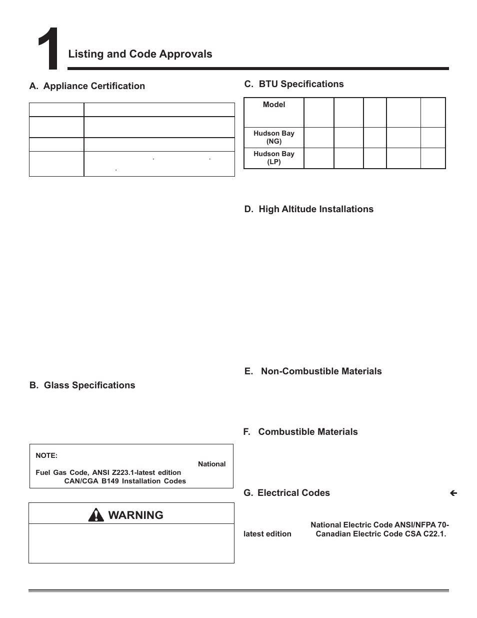Listing and code approvals, Warning | Hearth and Home Technologies Hudson Bay Direct Vent Gas Appliance HUDBAY-FS User Manual | Page 4 / 49