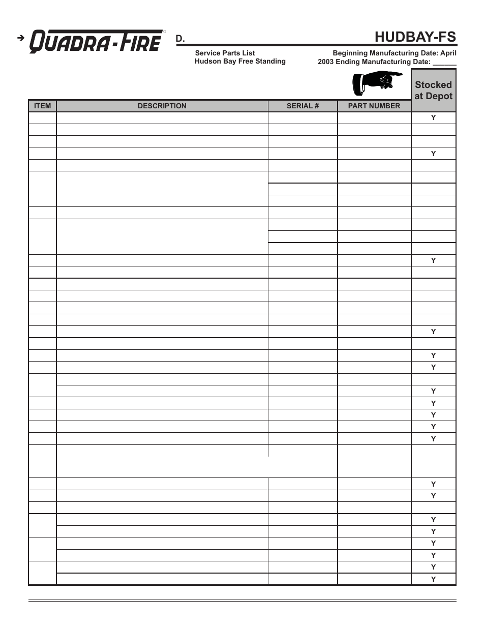 Hudbay-fs, Service parts list, Stocked at depot | Hearth and Home Technologies Hudson Bay Direct Vent Gas Appliance HUDBAY-FS User Manual | Page 45 / 49