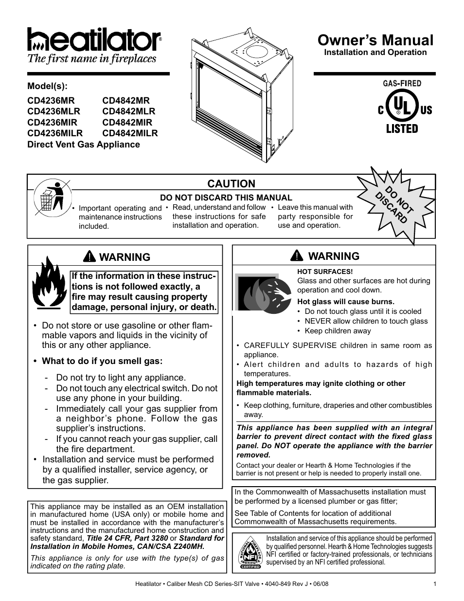 Hearth and Home Technologies Direct Vent Gas Appliance CD4842MR User Manual | 76 pages