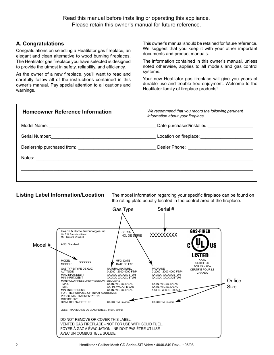 Listing label information/location, Serial # gas type orifice size model | Hearth and Home Technologies Direct Vent Gas Appliance CD4842MR User Manual | Page 2 / 76