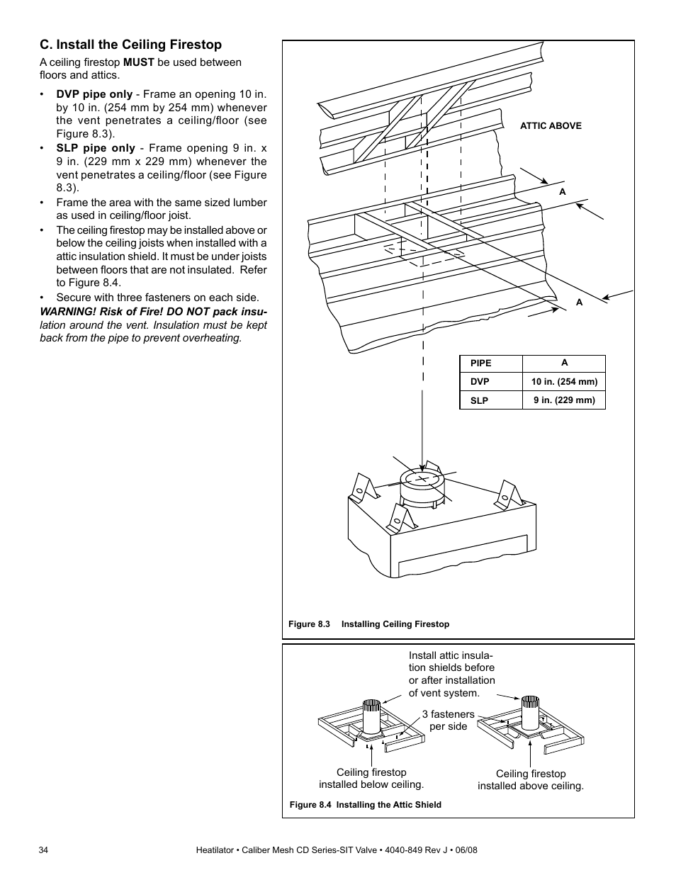 C. install the ceiling firestop | Hearth and Home Technologies Direct Vent Gas Appliance CD4842MR User Manual | Page 34 / 76