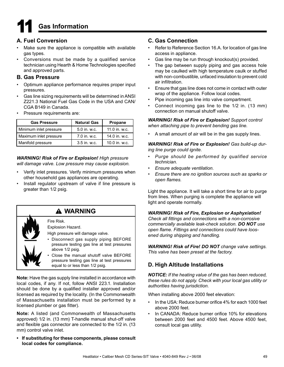 Gas information, Warning | Hearth and Home Technologies Direct Vent Gas Appliance CD4842MR User Manual | Page 49 / 76