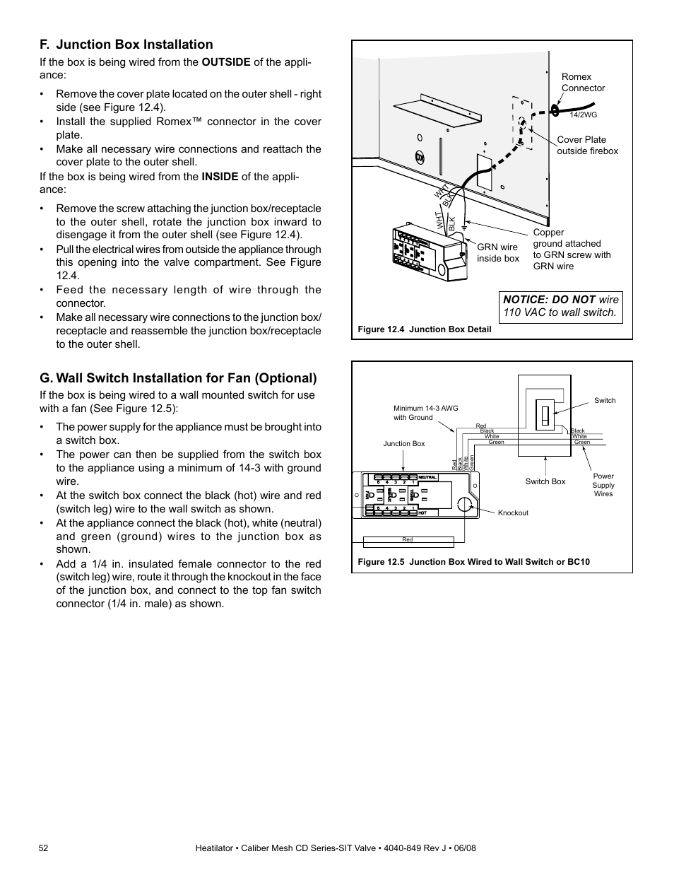 G. wall switch installation for fan (optional), F. junction box installation | Hearth and Home Technologies Direct Vent Gas Appliance CD4842MR User Manual | Page 52 / 76