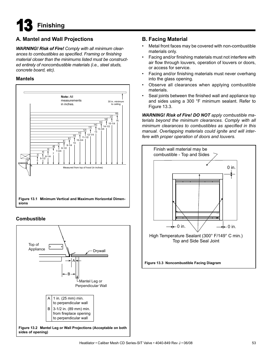 Finishing, A. mantel and wall projections, B. facing material | Mantels combustible | Hearth and Home Technologies Direct Vent Gas Appliance CD4842MR User Manual | Page 53 / 76