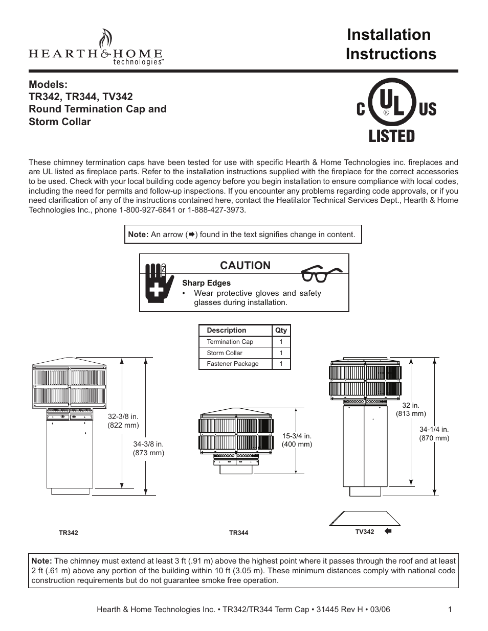Hearth and Home Technologies TR344 User Manual | 4 pages