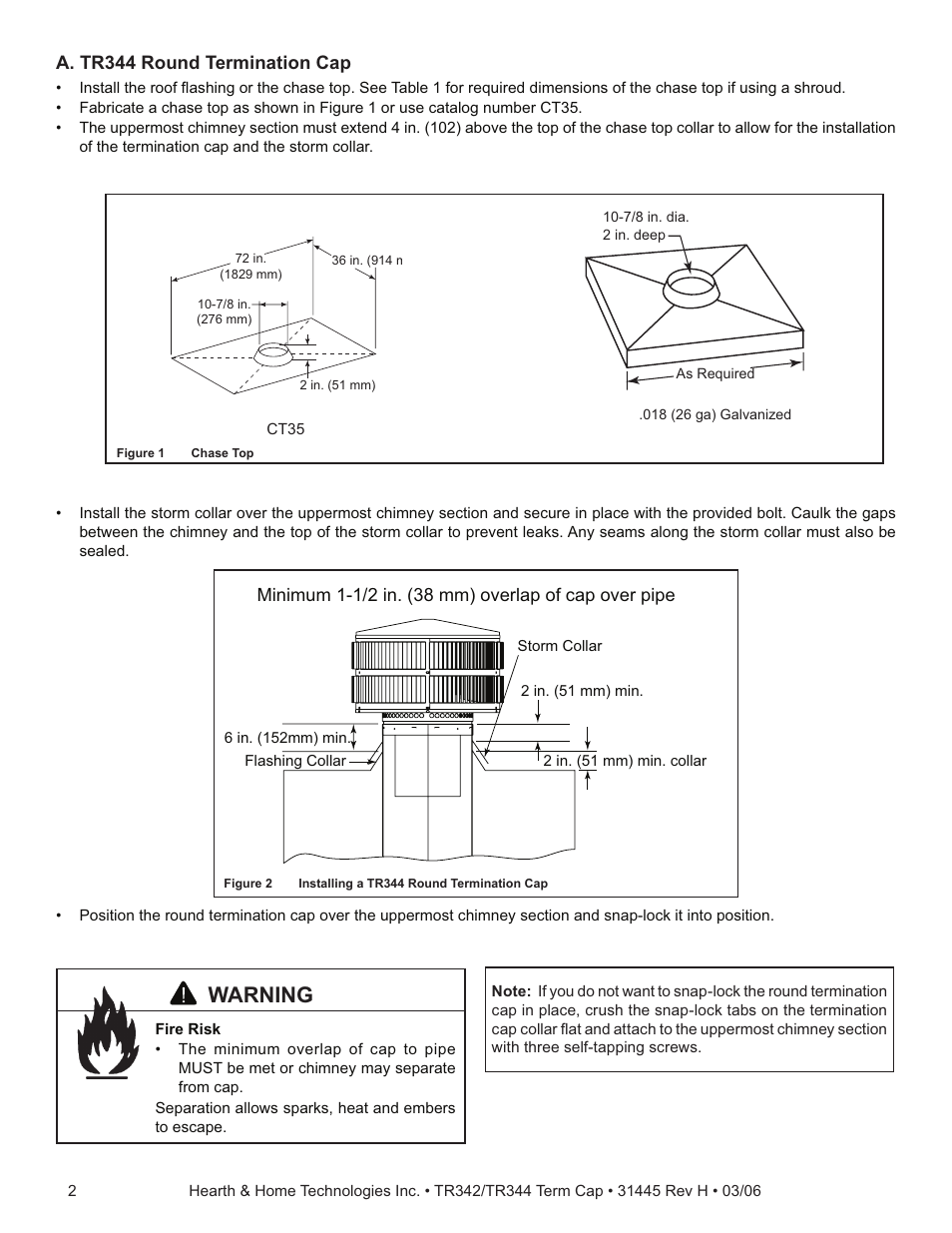 Warning, A. tr344 round termination cap | Hearth and Home Technologies TR344 User Manual | Page 2 / 4