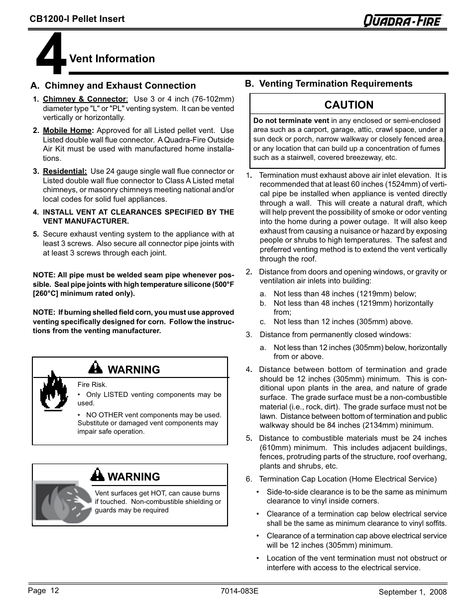 Caution, Warning, Vent information | Hearth and Home Technologies CB1200I-B User Manual | Page 12 / 48