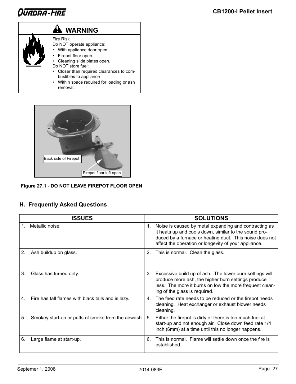 Warning | Hearth and Home Technologies CB1200I-B User Manual | Page 27 / 48