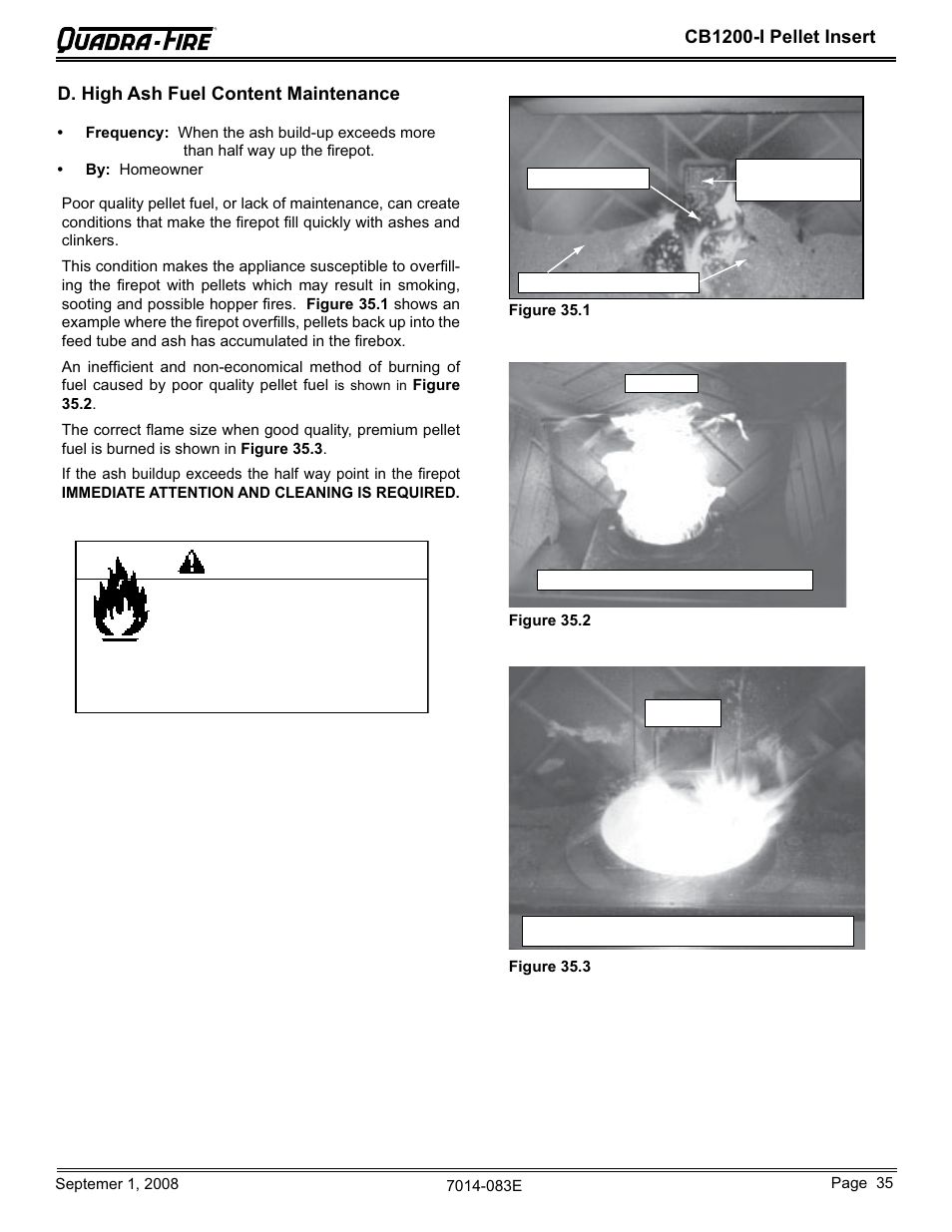 Arning, Cb1200-i pellet insert, D. high ash fuel content maintenance | Hearth and Home Technologies CB1200I-B User Manual | Page 35 / 48