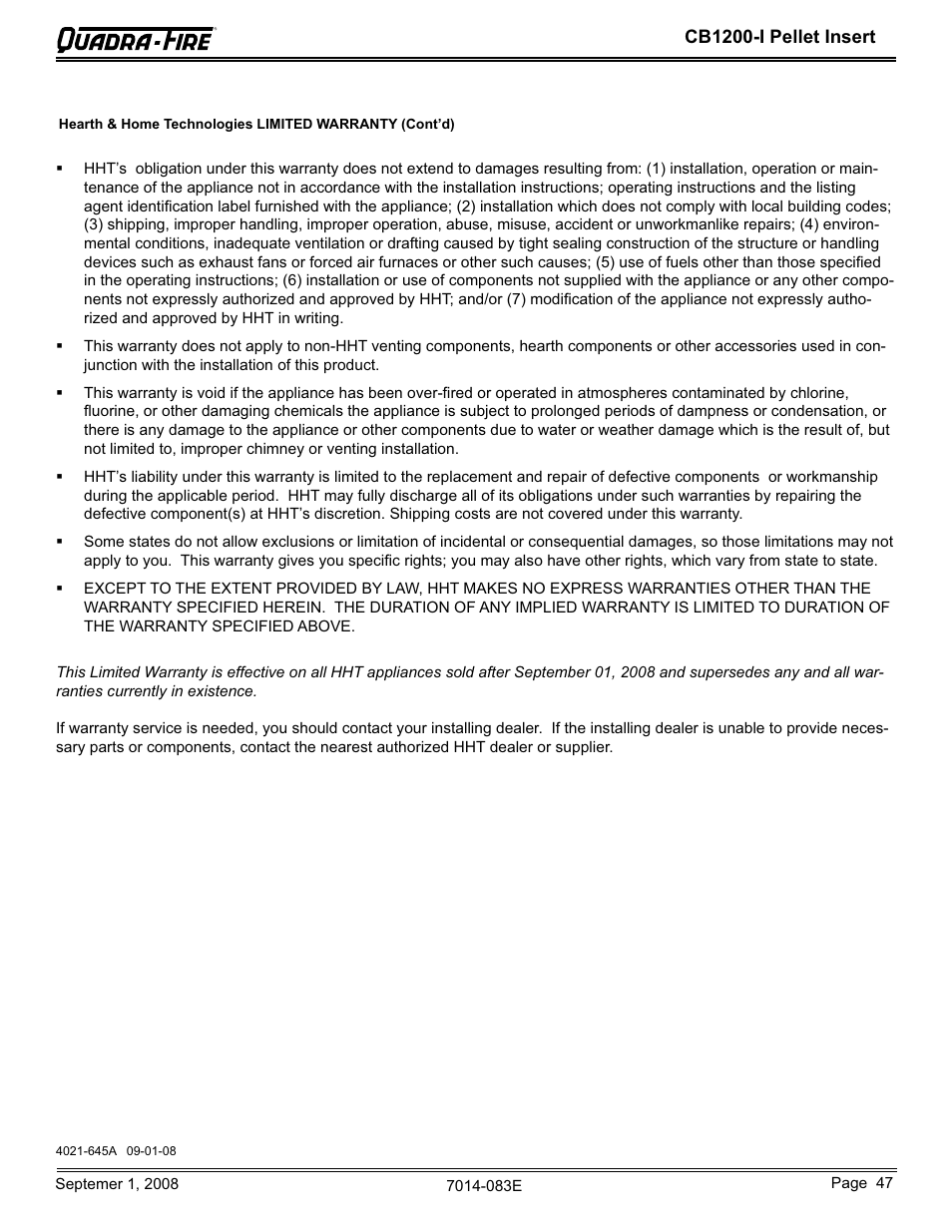 Cb1200-i pellet insert | Hearth and Home Technologies CB1200I-B User Manual | Page 47 / 48