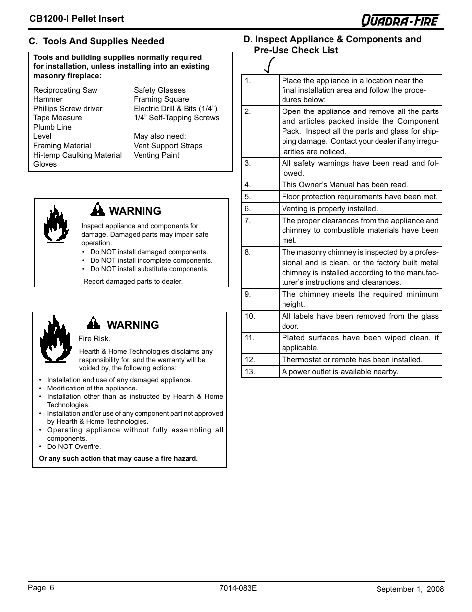 Warning | Hearth and Home Technologies CB1200I-B User Manual | Page 6 / 48