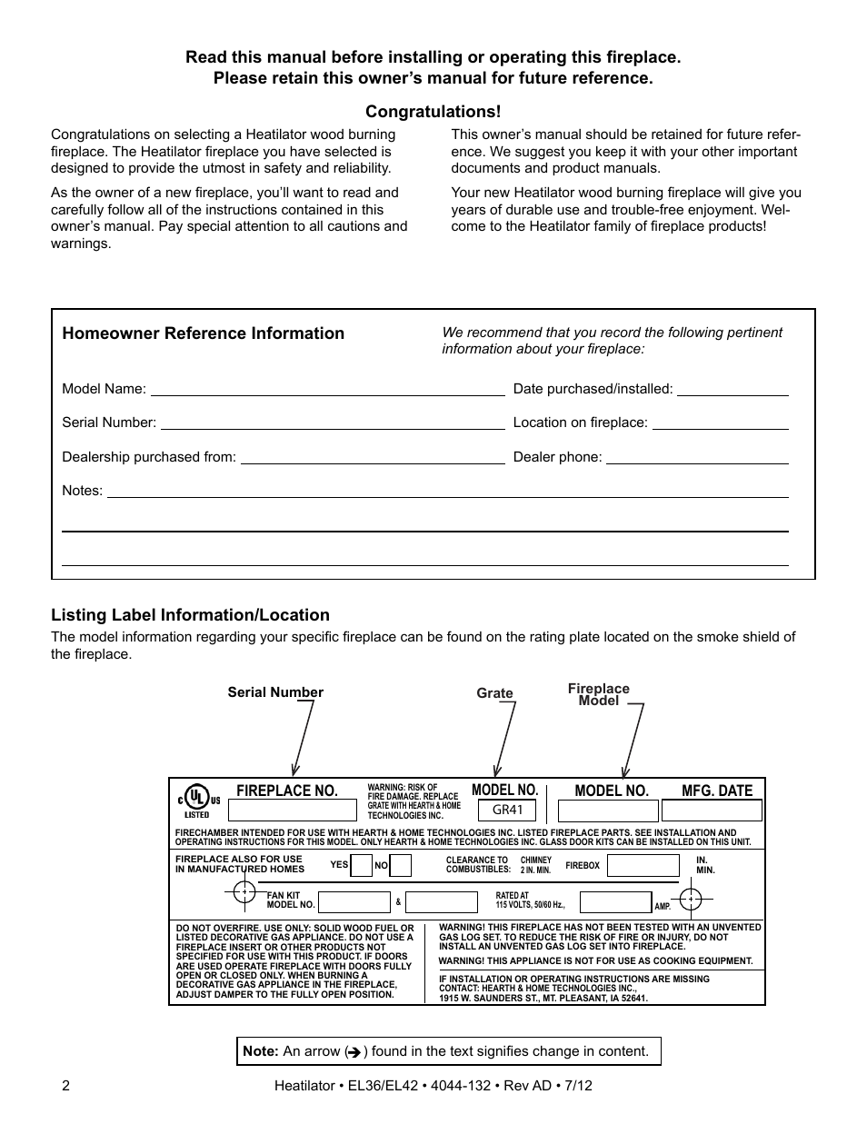 Listing label information/location, Fireplace no. model no. model no. mfg. date | Hearth and Home Technologies EL36 User Manual | Page 2 / 54