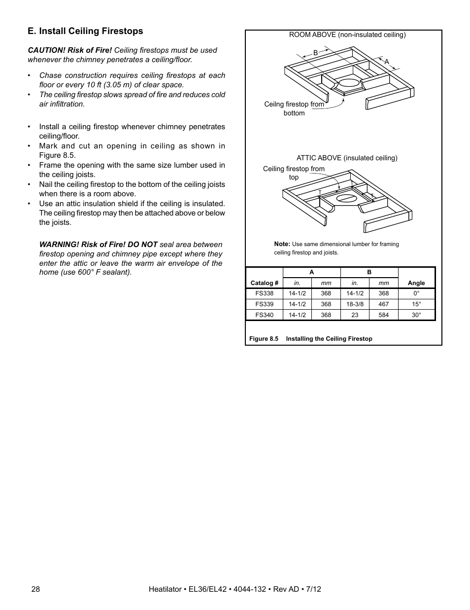 E. install ceiling firestops | Hearth and Home Technologies EL36 User Manual | Page 28 / 54