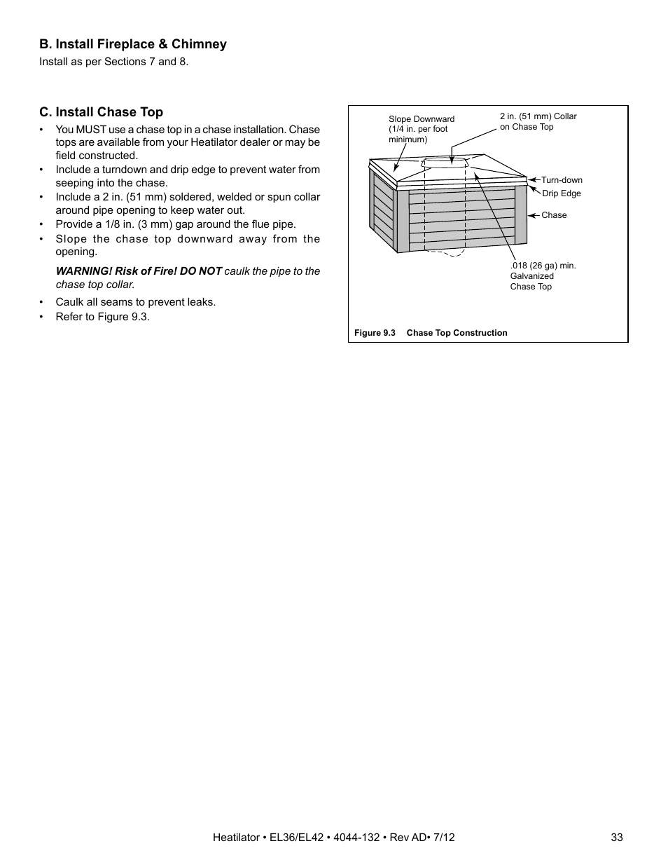 B. install fireplace & chimney, C. install chase top | Hearth and Home Technologies EL36 User Manual | Page 33 / 54