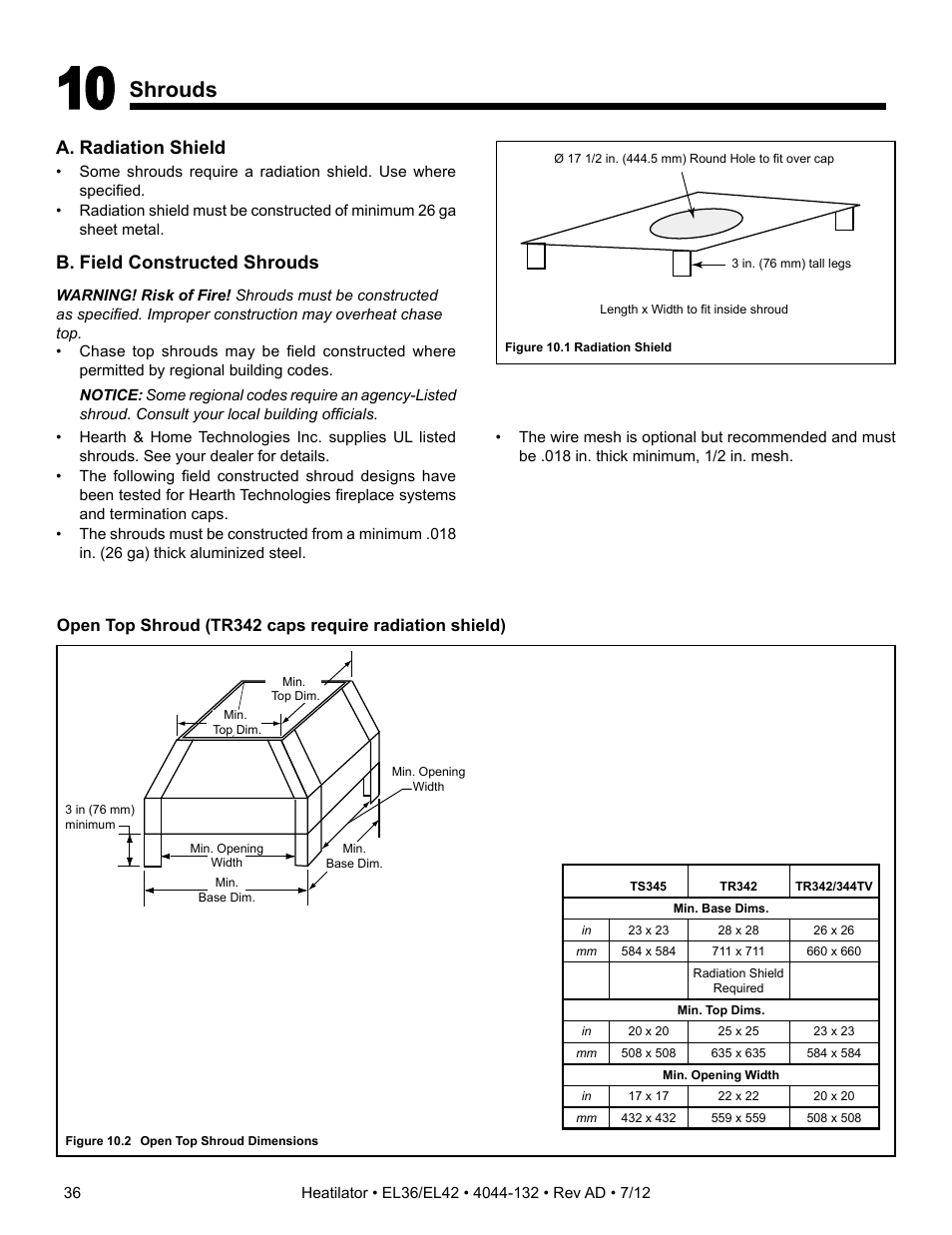 Shrouds, A. radiation shield, B. field constructed shrouds | Hearth and Home Technologies EL36 User Manual | Page 36 / 54
