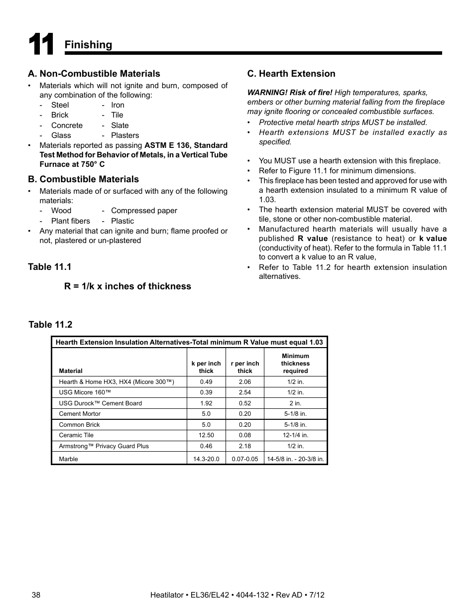 Finishing, A. non-combustible materials, B. combustible materials | C. hearth extension, Table 11.1, R = 1/k x inches of thickness, Table 11.2 | Hearth and Home Technologies EL36 User Manual | Page 38 / 54