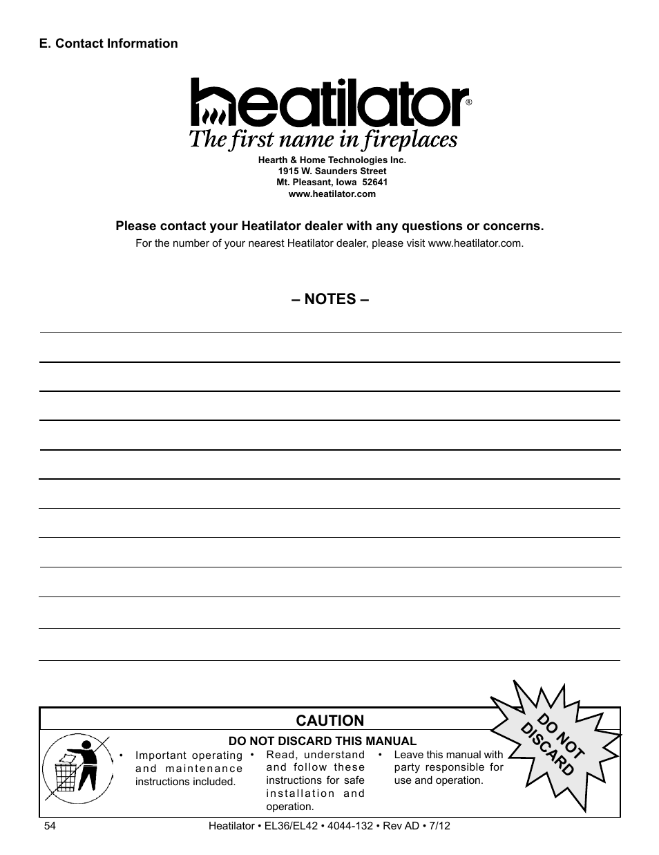 Caution, Do not discard | Hearth and Home Technologies EL36 User Manual | Page 54 / 54