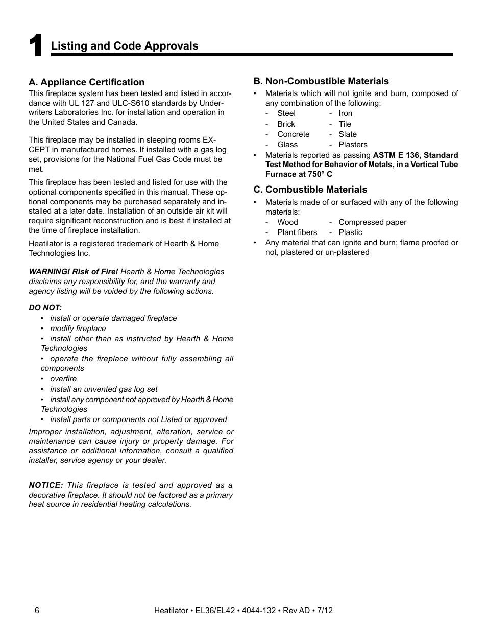 Listing and code approvals | Hearth and Home Technologies EL36 User Manual | Page 6 / 54