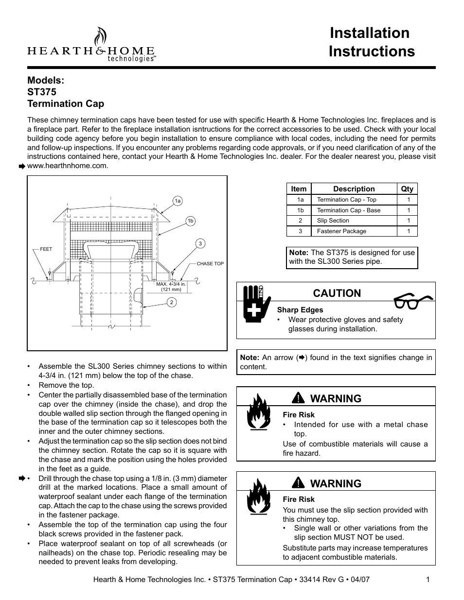 Hearth and Home Technologies Termination Cap ST375 User Manual | 1 page