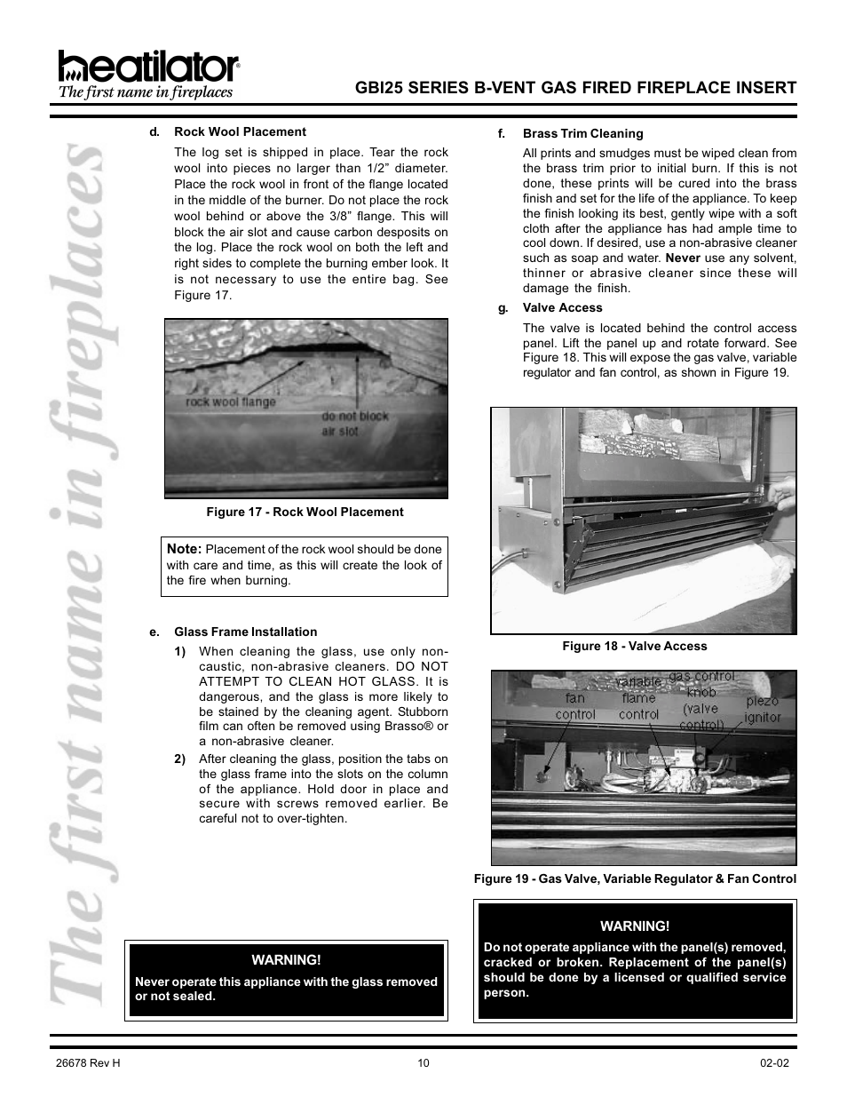 Fan control, Gas valve, Rock wool | Valve access, Variable regulator, Gbi25 series b-vent gas fired fireplace insert | Hearth and Home Technologies GBI25 User Manual | Page 10 / 24