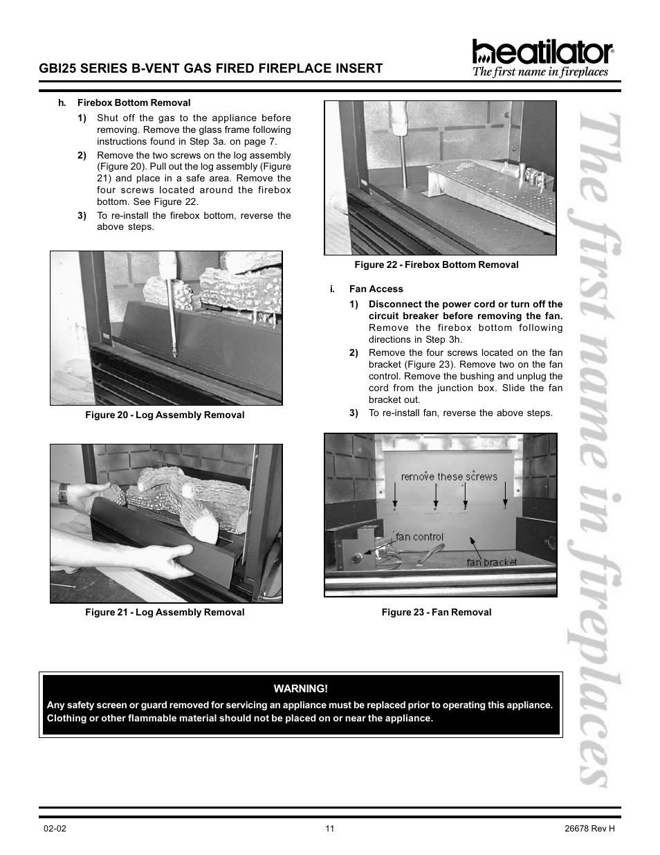 Fan removal, Gbi25 series b-vent gas fired fireplace insert | Hearth and Home Technologies GBI25 User Manual | Page 11 / 24