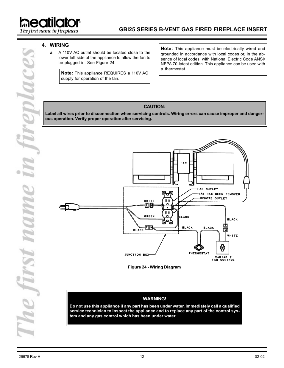 Wiring, Gbi25 series b-vent gas fired fireplace insert | Hearth and Home Technologies GBI25 User Manual | Page 12 / 24