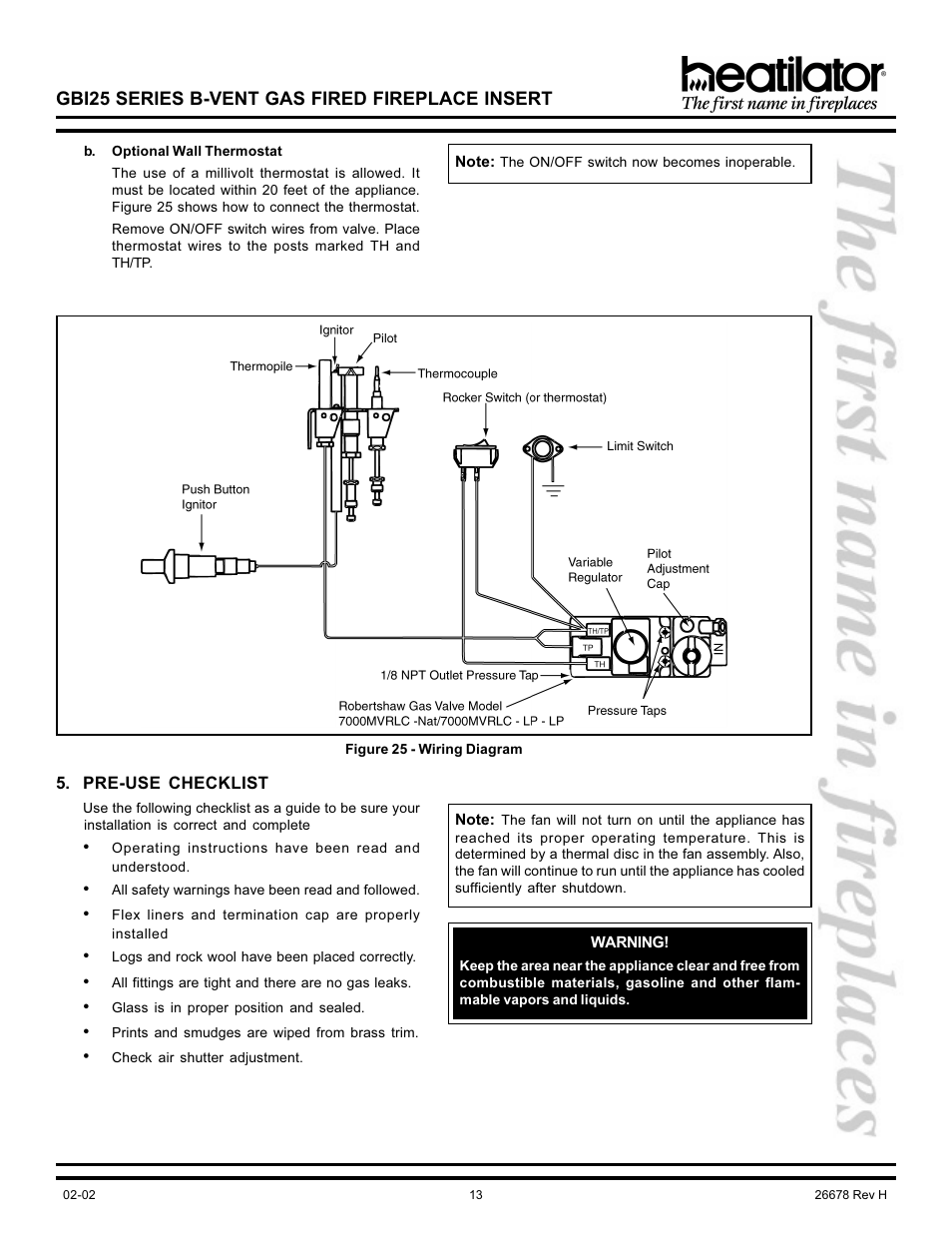 Wall thermostat | Hearth and Home Technologies GBI25 User Manual | Page 13 / 24