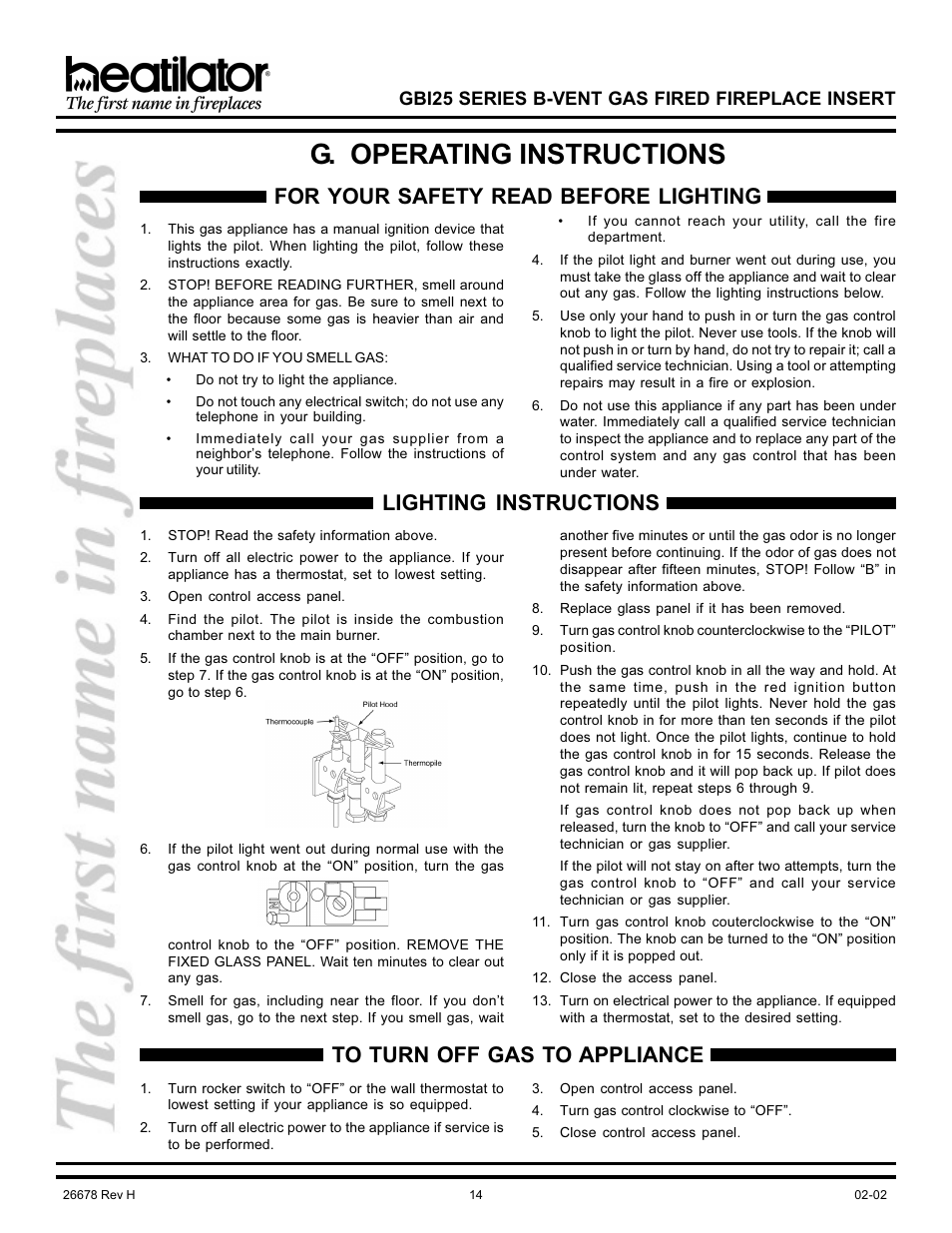 G. operating instructions, Lighting instructions, Operating instructions | Gbi25 series b-vent gas fired fireplace insert | Hearth and Home Technologies GBI25 User Manual | Page 14 / 24