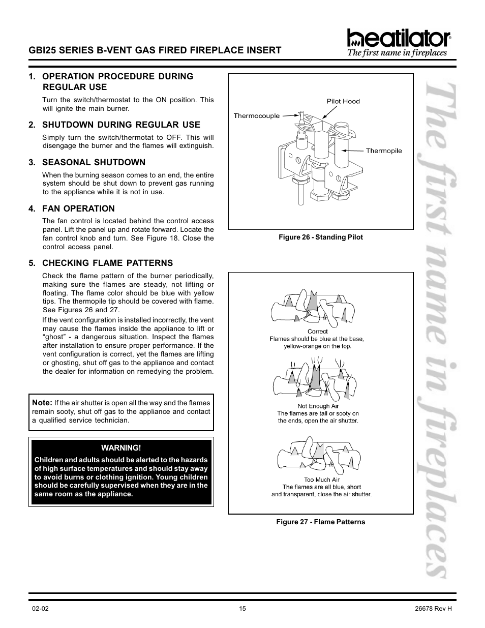 Air shutter, Fan operation, Flame patterns | Seasonal shutdown, Standing pilot, Gbi25 series b-vent gas fired fireplace insert | Hearth and Home Technologies GBI25 User Manual | Page 15 / 24