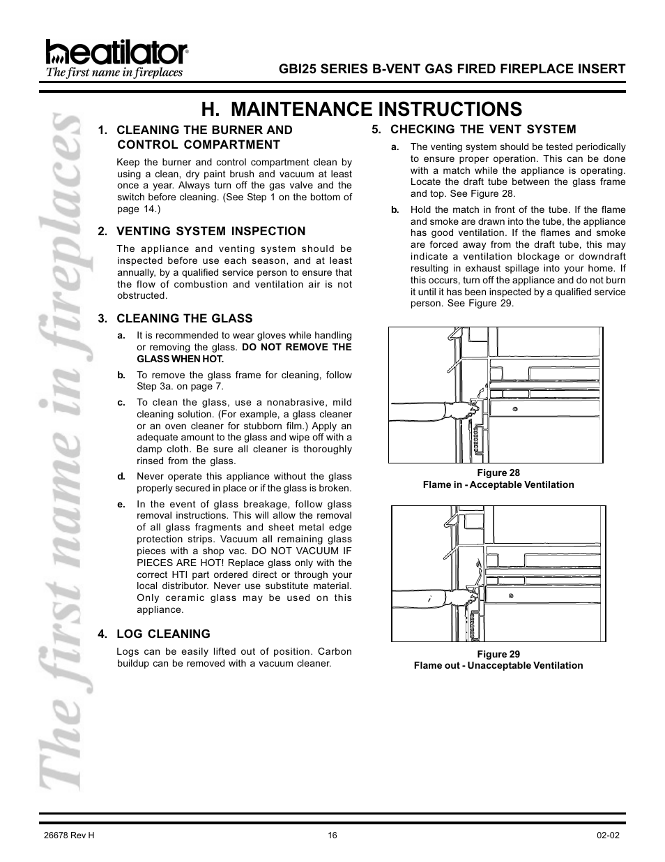 H. maintenance instructions, Burner & control compartment, Glass | Logs, Venting system inspection, Gbi25 series b-vent gas fired fireplace insert | Hearth and Home Technologies GBI25 User Manual | Page 16 / 24