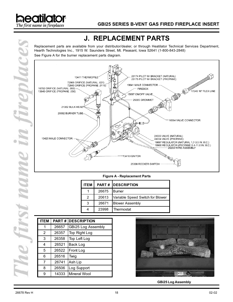 J. replacement parts, Replacement parts | Hearth and Home Technologies GBI25 User Manual | Page 18 / 24