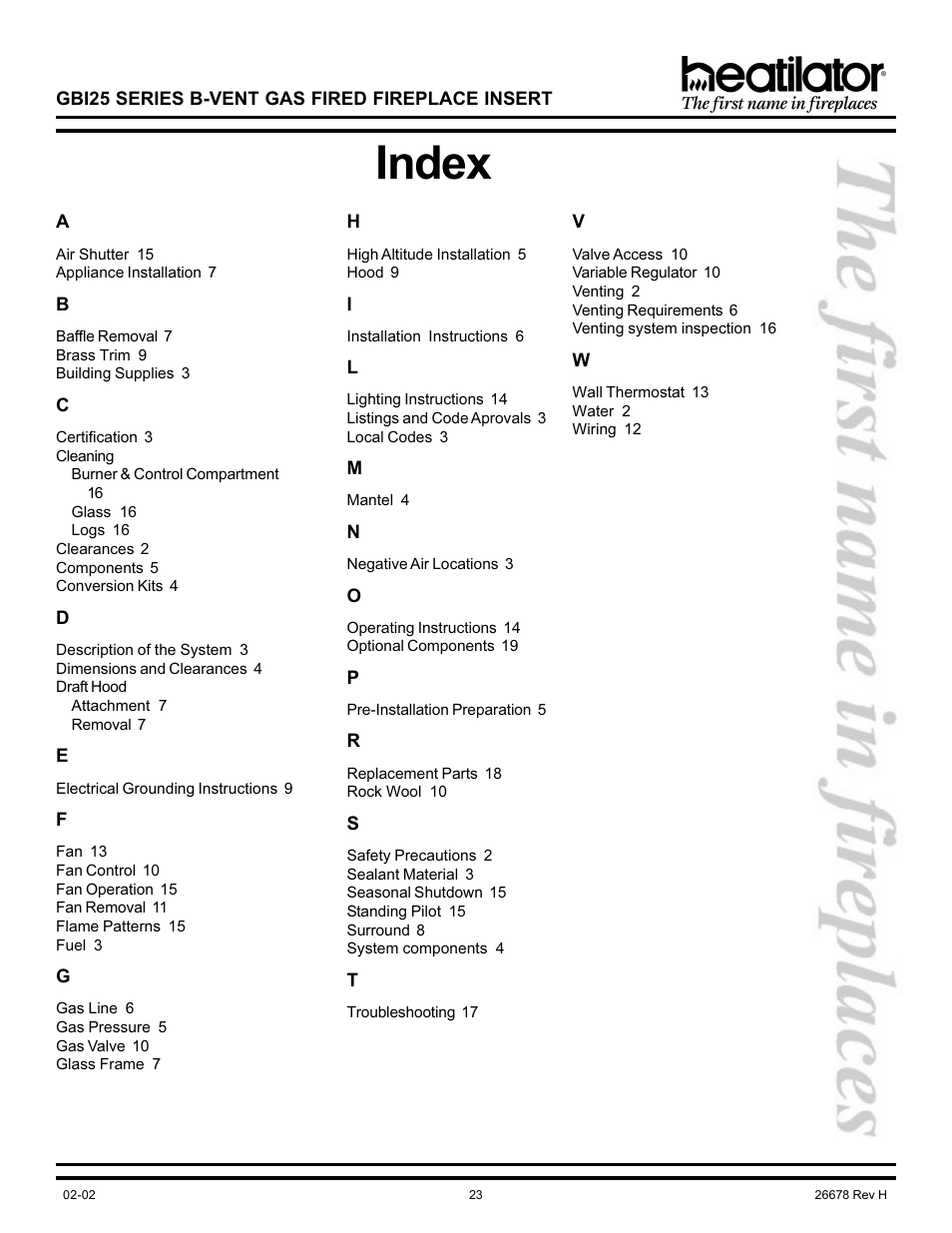 Index, Cleaning, Draft hood | Hearth and Home Technologies GBI25 User Manual | Page 23 / 24