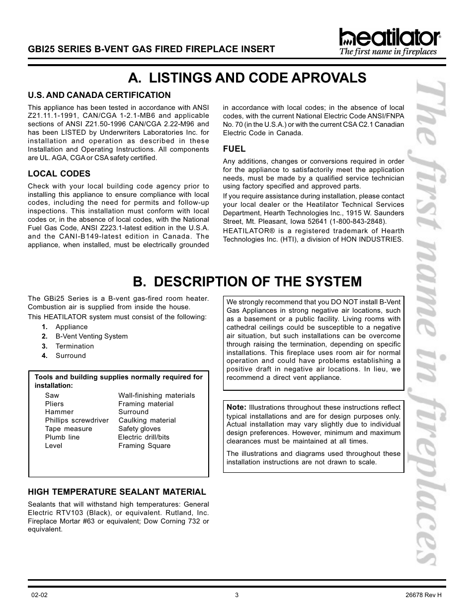 A. listings and code aprovals, B. description of the system, Building supplies | Certification, Description of the system, Fuel, Listings and code aprovals, Local codes, Negative air locations, Sealant material | Hearth and Home Technologies GBI25 User Manual | Page 3 / 24