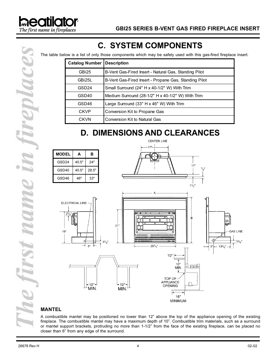C. system components, D. dimensions and clearances, Conversion kits | Dimensions and clearances, Mantel, System components, Gbi25 series b-vent gas fired fireplace insert | Hearth and Home Technologies GBI25 User Manual | Page 4 / 24
