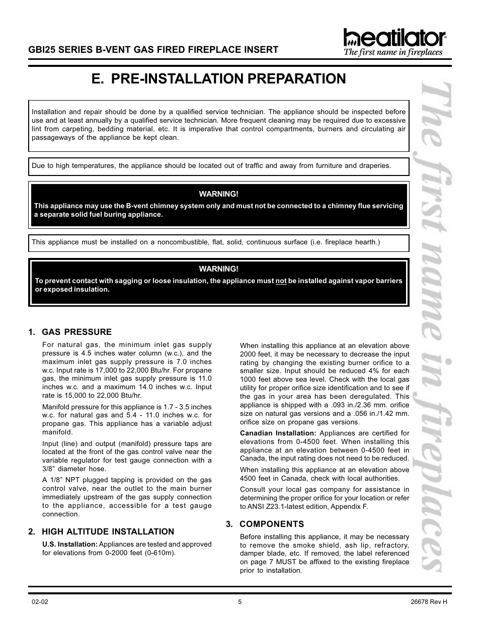 E. pre-installation preparation, Components, Gas pressure | High altitude installation, Pre-installation preparation, Gbi25 series b-vent gas fired fireplace insert | Hearth and Home Technologies GBI25 User Manual | Page 5 / 24