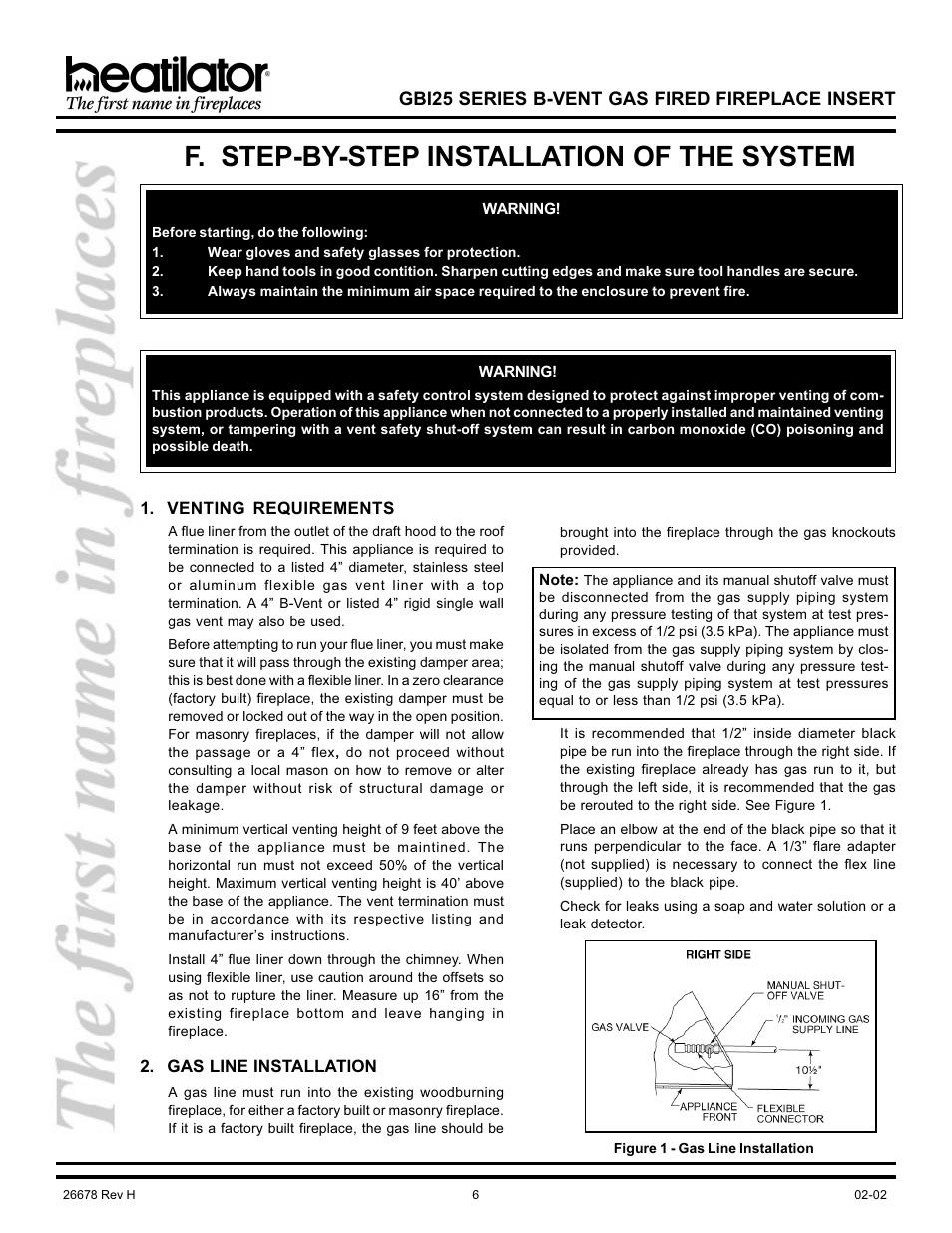 F. step-by-step installation of the system, Gas line, Installation instructions | Venting requirements, Gbi25 series b-vent gas fired fireplace insert | Hearth and Home Technologies GBI25 User Manual | Page 6 / 24
