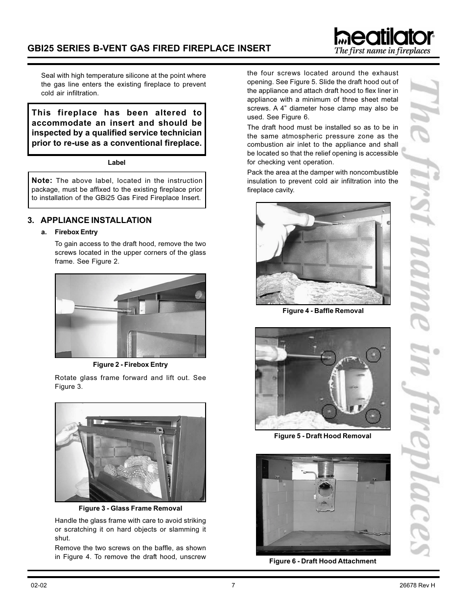 Appliance installation, Baffle removal, Attachment | Removal, Glass frame, Gbi25 series b-vent gas fired fireplace insert | Hearth and Home Technologies GBI25 User Manual | Page 7 / 24