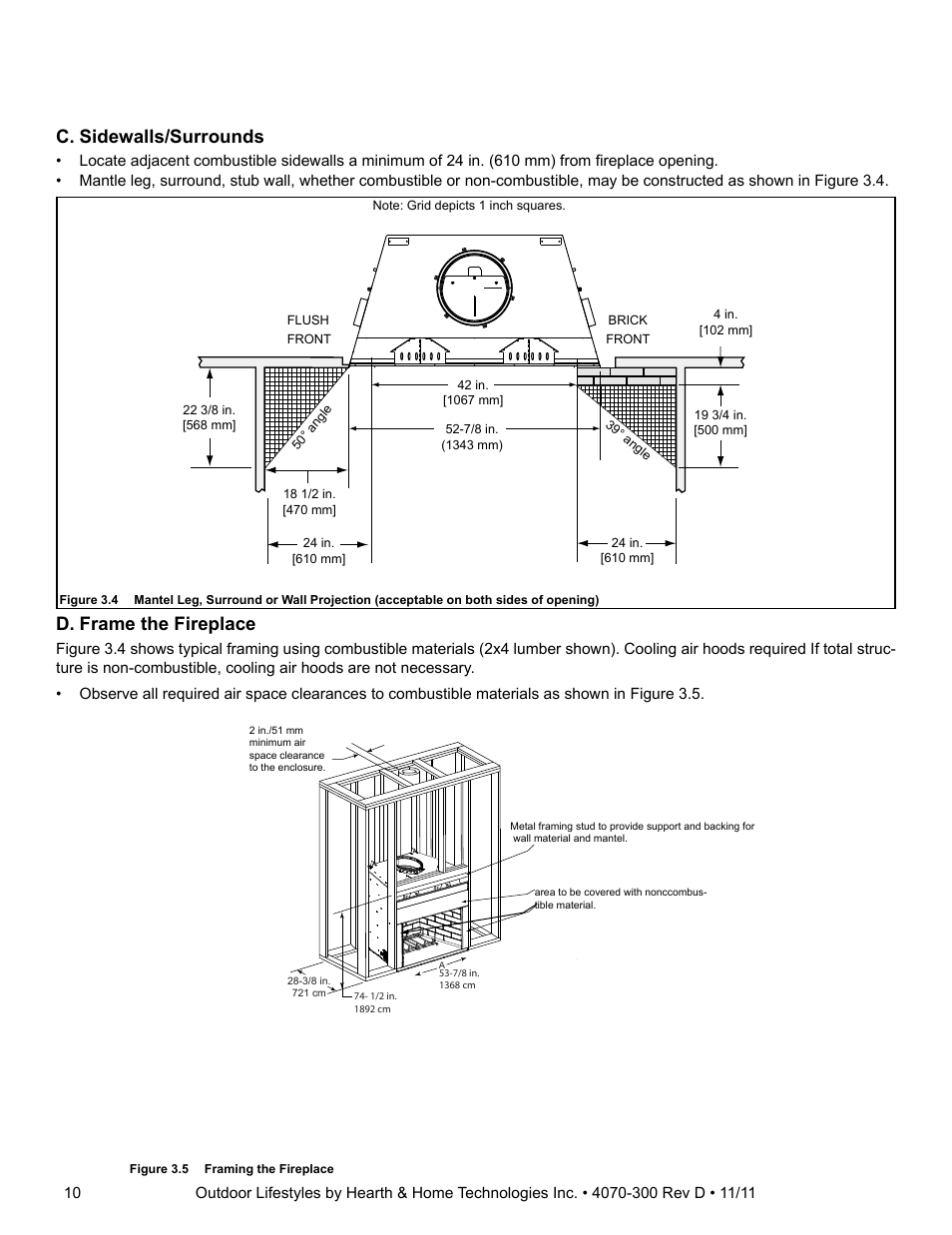 C. sidewalls/surrounds, D. frame the fireplace | Hearth and Home Technologies CASTLEWOOD 42 User Manual | Page 10 / 43