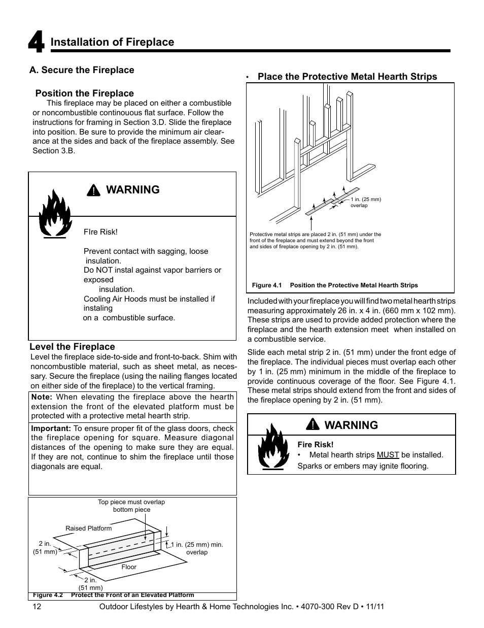 Installation of fireplace, Warning | Hearth and Home Technologies CASTLEWOOD 42 User Manual | Page 12 / 43