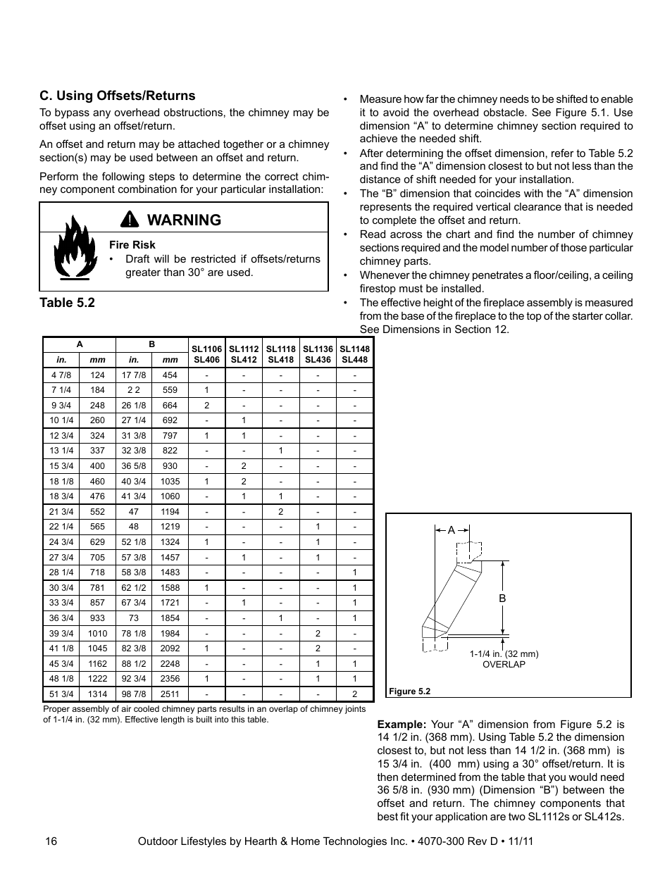 Warning, C. using offsets/returns, Table 5.2 | Hearth and Home Technologies CASTLEWOOD 42 User Manual | Page 16 / 43