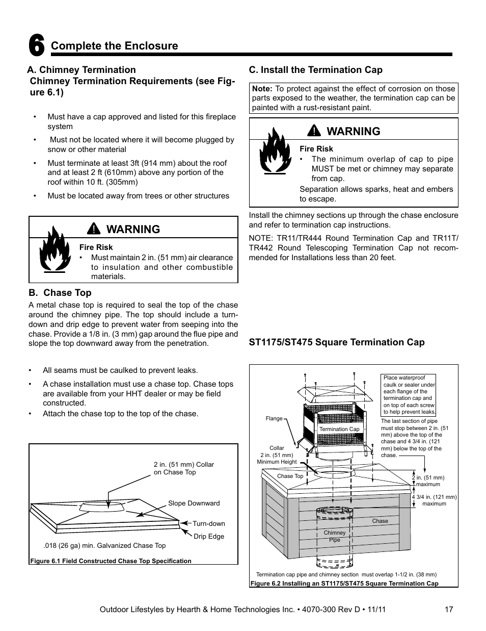 Complete the enclosure, Warning, B. chase top | C. install the termination cap | Hearth and Home Technologies CASTLEWOOD 42 User Manual | Page 17 / 43