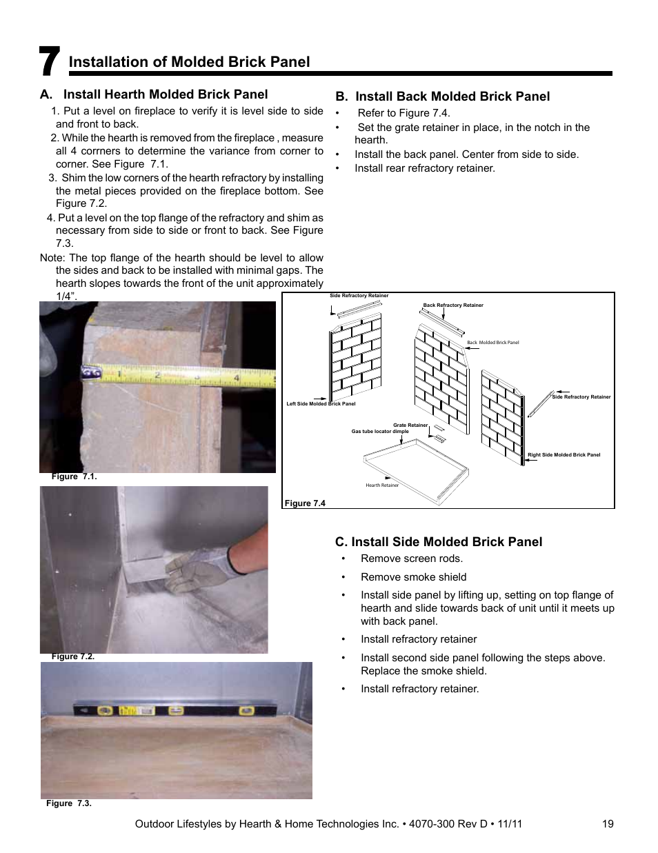 Installation of molded brick panel, A. install hearth molded brick panel, B. install back molded brick panel | C. install side molded brick panel | Hearth and Home Technologies CASTLEWOOD 42 User Manual | Page 19 / 43