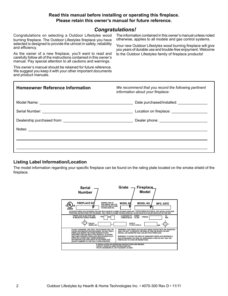Homeowner reference information, Listing label information/location, Grate fireplace model serial number | Hearth and Home Technologies CASTLEWOOD 42 User Manual | Page 2 / 43