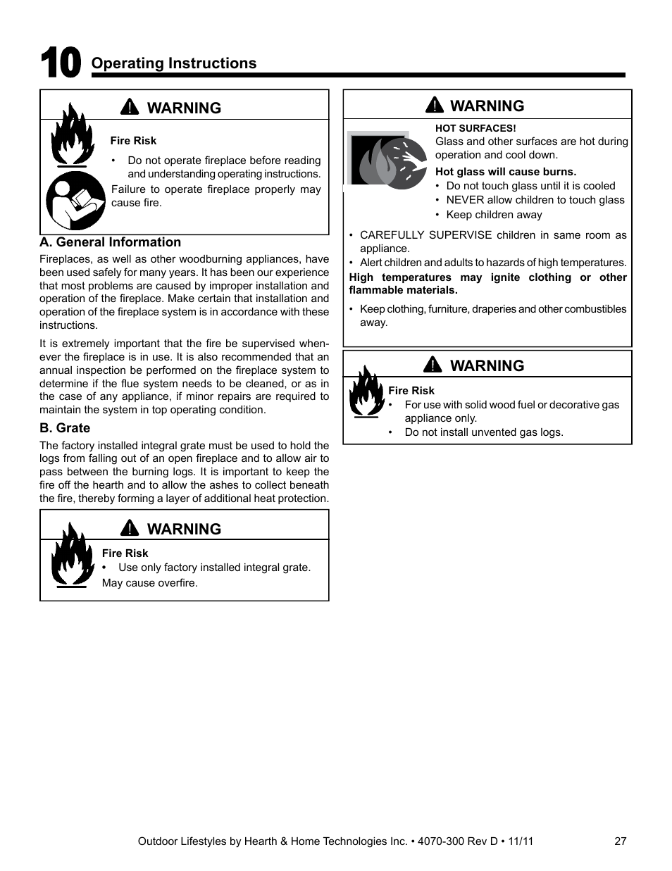 Operating instructions, Warning | Hearth and Home Technologies CASTLEWOOD 42 User Manual | Page 27 / 43
