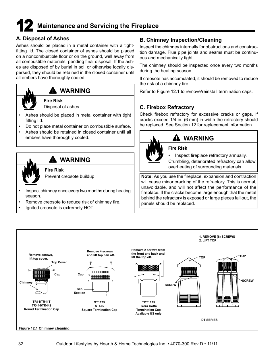 Maintenance and servicing the fireplace, Warning, A. disposal of ashes | B. chimney inspection/cleaning, C. firebox refractory | Hearth and Home Technologies CASTLEWOOD 42 User Manual | Page 32 / 43