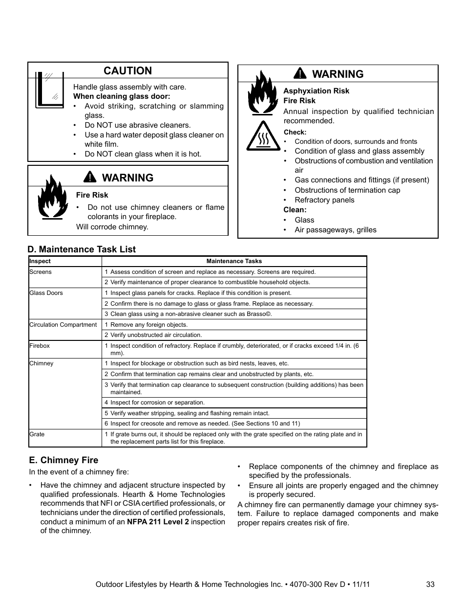Caution, Warning, D. maintenance task list | E. chimney fire | Hearth and Home Technologies CASTLEWOOD 42 User Manual | Page 33 / 43