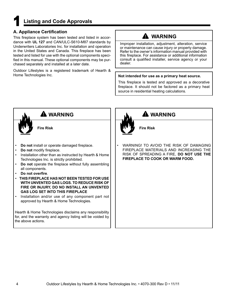 Listing and code approvals, Warning | Hearth and Home Technologies CASTLEWOOD 42 User Manual | Page 4 / 43