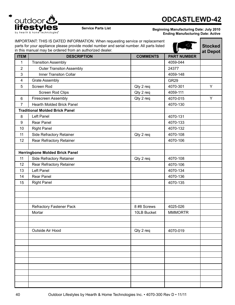 Odcastlewd-42 | Hearth and Home Technologies CASTLEWOOD 42 User Manual | Page 40 / 43