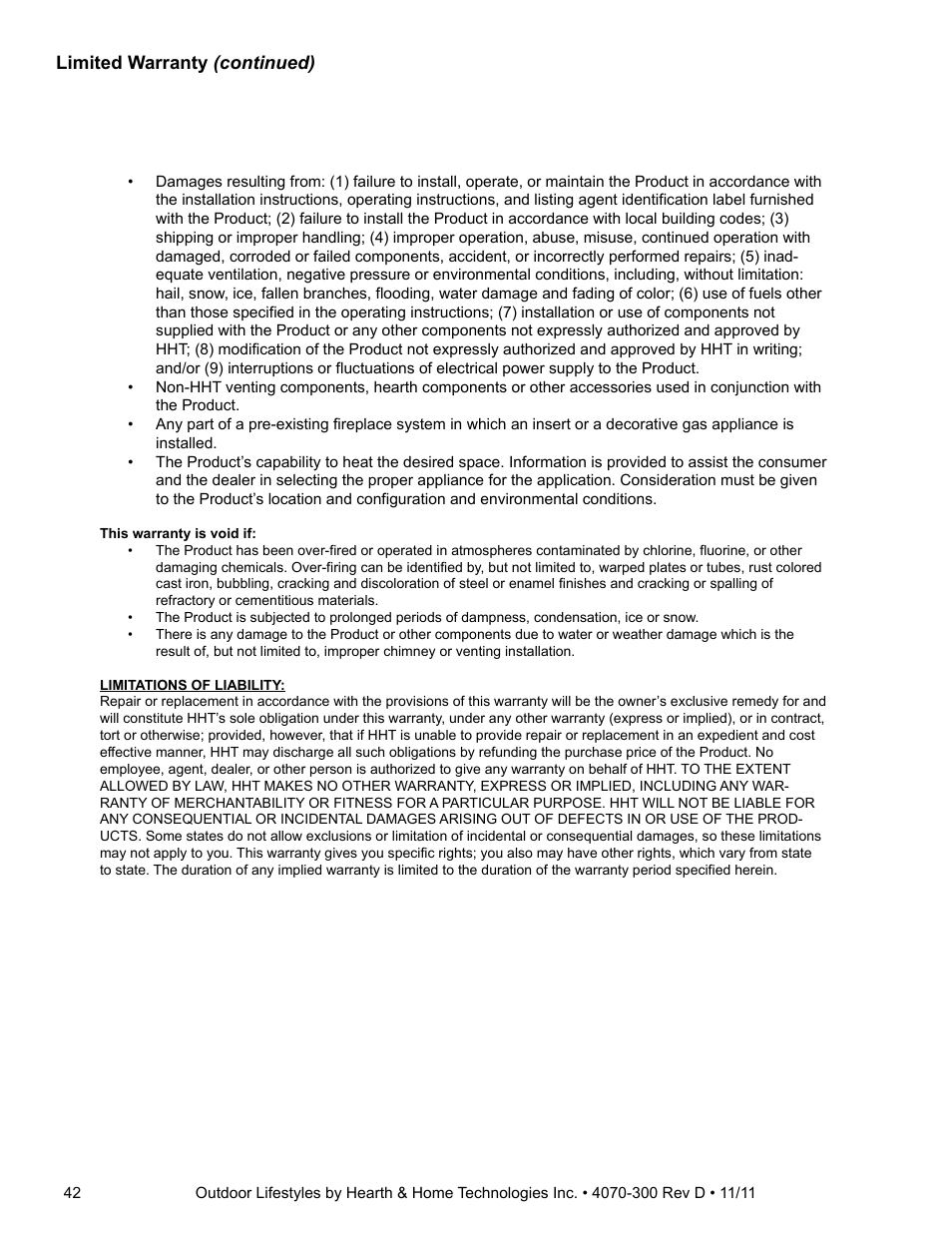 Limited warranty (continued) | Hearth and Home Technologies CASTLEWOOD 42 User Manual | Page 42 / 43