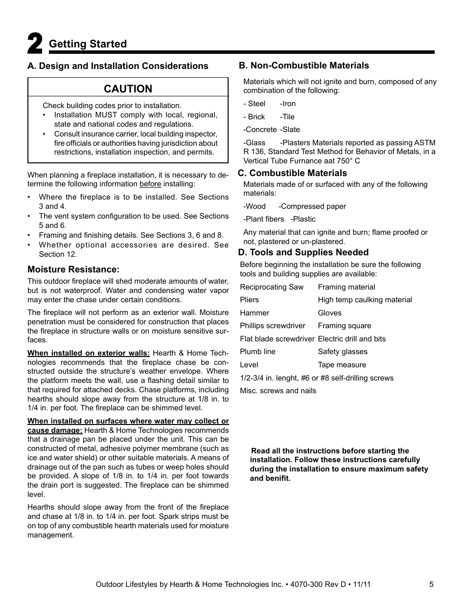 Getting started, Caution | Hearth and Home Technologies CASTLEWOOD 42 User Manual | Page 5 / 43